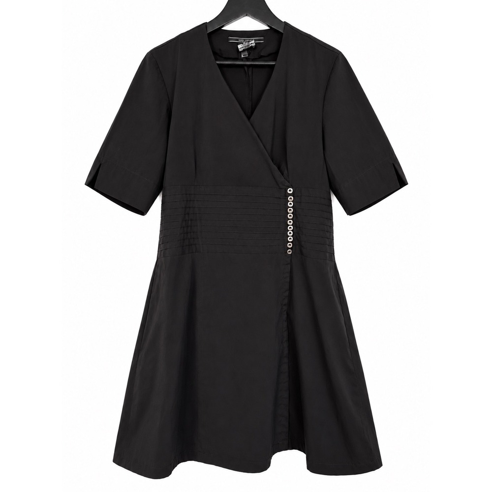 Noel Asmar Womens Black Short Sleeve Pintuck Wrap Dress Silver Buttons Size M